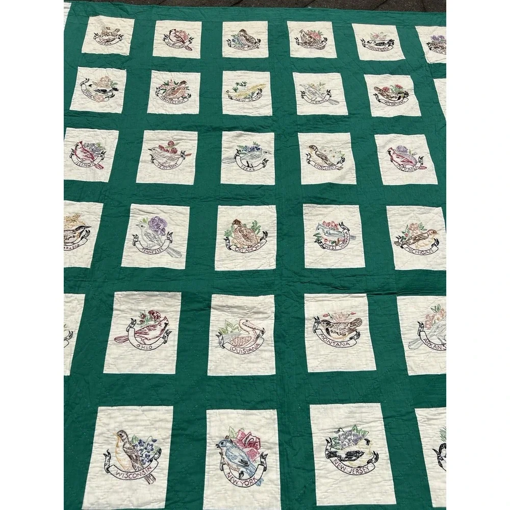 Vintage Heirloom 48 State Bird Fully Hand Stitched And Embroidered Quilt 81x88